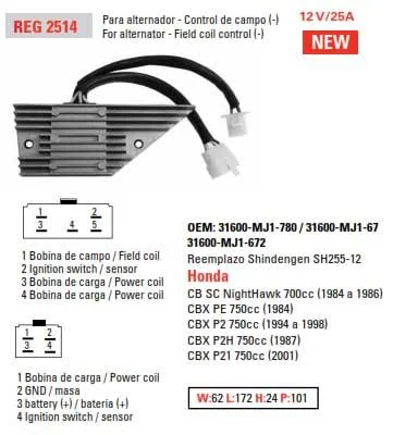 REGULATOR 12v / 25A DZE 02514-04 REG 2514, HONDA 31600-MJ1-780 / 31600-MJ1-670, 31600-MJ1-672 SH255-12 - Image 2